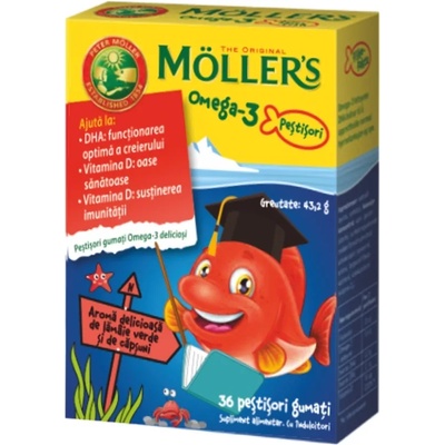 Möller’s Omega-3 Желирани рибки за деца, ягода, 36 броя, Mollers