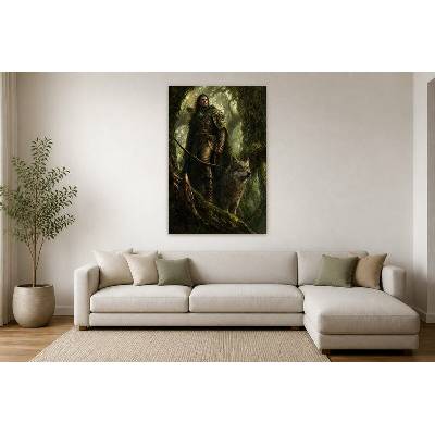 Obraz na plátně – Postava s vlkem v lese 90 × 135 cm