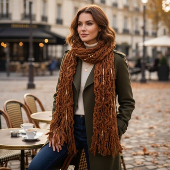 Дамски шал в кафяво със златисти пайети