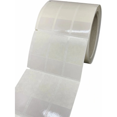 Plastová Etiketa 25 mm x 57 mm, 3 - Produkcia, Polyvinylchlorid PVC Outdoor, Samolaminovacia, Transparentná a biela, Dutinka 76 mm, 3000 ks/kotúč, Silné lepidlo, Fotoznačka naľavo, najprv biela časť