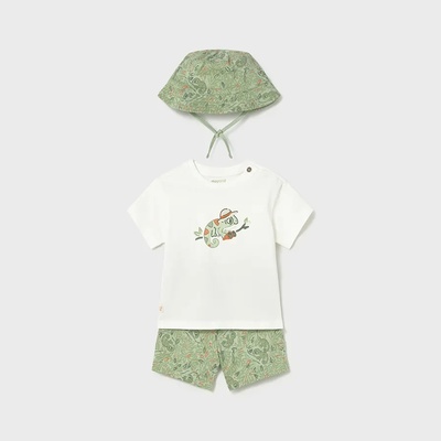 Mayoral Комплект трико принт с шапка bucket в Светло зелено и бяла тениска за бебе момче Mayoral
