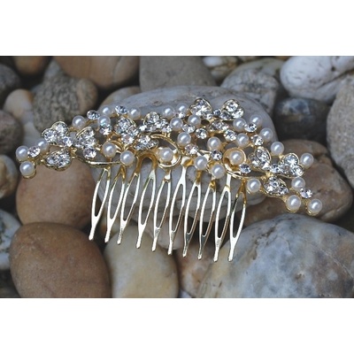 Ozdobná zlatá spona hřeben perličky broušené sklo – Sleviste.cz