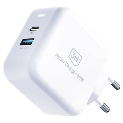 3mk Protection Зарядно за стена, 3mk, USB-C, USB-A, QC, PD 68W, Бяло (5903108515153)
