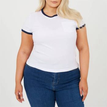 Brave Soul BS Plus Size Short Sleeve T-shit with Contrast Neck and Sleeve Rib and Pocket - White/Navy