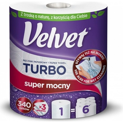Velvet Turbo - papírové kuchyňské utěrky - 3vrstvé, 165 útržků, 2 role