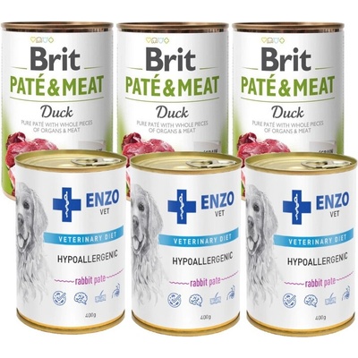 Brit Paté & Meat Duck 3 x 400 g & Enzo Vet Hypoalergénne hypoalergénne krmivo s králikom 3 x 400 g