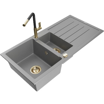 Mexen Andres гранитна мивка 1, 5-коморна с отцедник и кухненски смесител Flora, сива - 6515-71-670401-57-G (6515-71-670401-57-G)