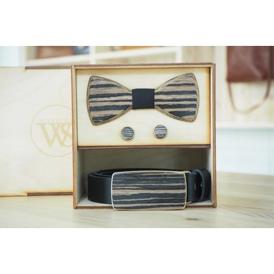 Wood Style Set Kulatý Dub černý opasek motýlek a manžetové knoflíčky černá