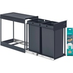 SONGMICS waste bin kitchen, waste separation system for base cabinet, 2 x 15 L, waste bin 2 compartments, extendable, steel frame, ABS lid, gray LTB950GZ01 (LTB950GZ01)