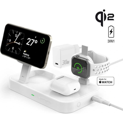 4smarts Qi2 Charging Station Trident With MFi Fast Charger for Apple Watch - тройна поставка (пад) за безжично зареждане за iPhone с MagSafe, Apple Watch, AirPods Pro и Qi съвместими мобилни устройств
