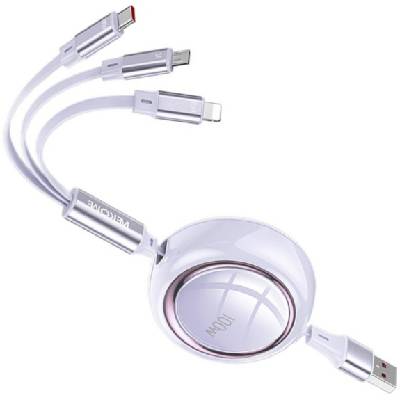 Star Series 3в1 изтеглящ се кабел за зареждане и данни - USB-A към USB-C / Lightning / micro USB - 1, 2 м - лилав (87246)