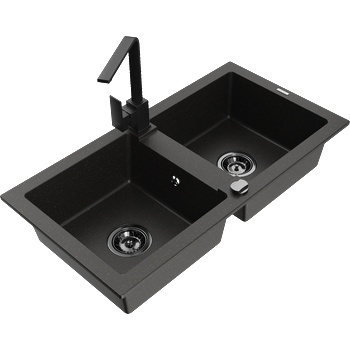 Mexen Mario мивка от гранит с 2 камери и кухненски смесител Rita, черен/златен металик - 6504-75-670300-70-B (6504-75-670300-70-B)