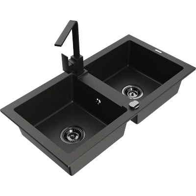 Mexen Mario мивка от гранит с 2 камери и кухненски смесител Rita, черен/златен металик - 6504-75-670300-70-B (6504-75-670300-70-B)