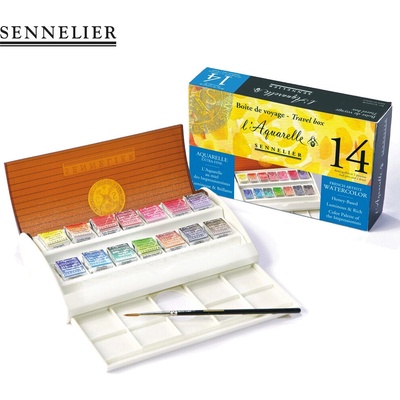 Sennelier sada akvarelových barev, 14 půlpánviček + štětec – Zboží Dáma