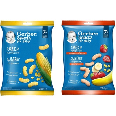 Nestle Царевичен снакс Nestle Gerber - Натурален, 28 g + С банан и ягода, 28 g (12598684+12598685)