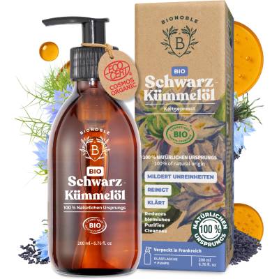 BIONOBLE Black Seed Oil Organic Cold Pressed - 100% Natural, Without Hexane - Alleviates Impurities - Black Seed Oil Face, Hair, Skin - Vegan Black Seed Oil - Glass Bottle, Pump - 200ml - France