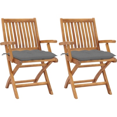 vidaXL Градински столове 2 бр сиви възглавници тиково дърво масив (3062422)