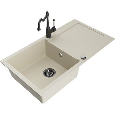 Mexen Leo гранитна мивка с 1 отделение и отцедник и кухненски смесител Carla, бежов - 6501-69-670700-70 (6501-69-670700-70)