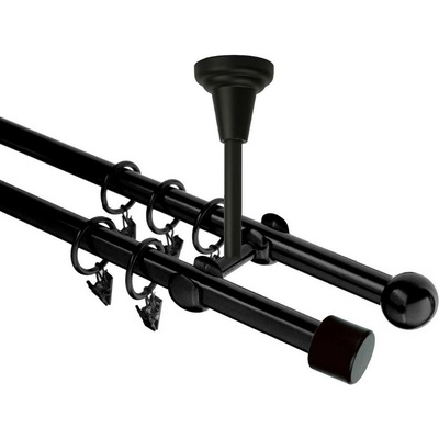 OK-GarnýžeCZ Garnýž kovová dvouřadá 16mm Pullo černá 180 cm do stěny / na tunýlek - bez kroužků