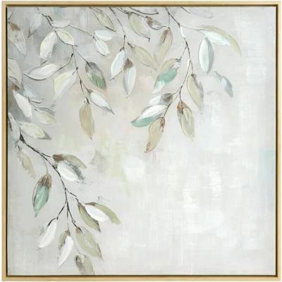 Ručne maľovaný obraz na plátne s motívom zelených listov II 60x60cm - krémový