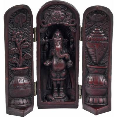 Sanu Babu Ganesh, cestovní oltář, pryskyřice, červená patina, 21 cm