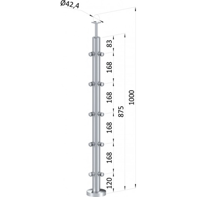 Nerezový sloup, vrchní kotvení, 5řadový, rohový: 90°