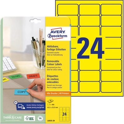 AVERY Етикет AVERY L6035-20 63, 5x33, 9mm универсален жълт 480 етикета/кутия 20 листа/кутия (L6035-20)