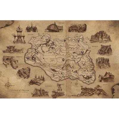 Plagát, Obraz - The Elder Scrolls V: Skyrim - Illustrated Map, 91.5 × 61 cm