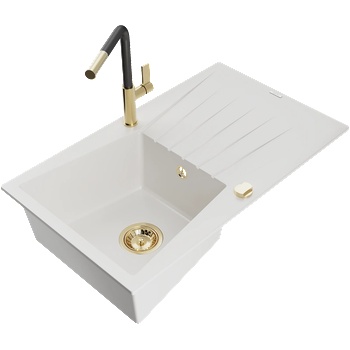 Mexen Cesar гранитна мивка с една камера с отцедник и кухненски смесител Flora, бял - 6514-20-670401-57-G (6514-20-670401-57-G)