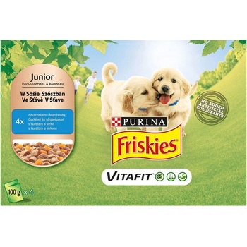 Friskies Puppy VitaFit s kuraťom a mrkvou v šťave 4 x 100 g