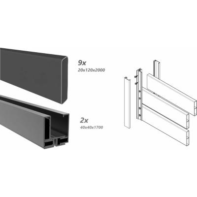 Hliníkový plot 1,7x2,0 m s obdĺžnikovou - latovou výplňou 20x120 a adaptérom 40x34, Antracit R7016