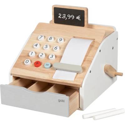Goki Дървена детска играчка Goki - Касов апарат със звук при отваряне, 3 части (51481)