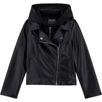 GUESS Кожено яке в черно за момиче с асиметричен цип и качулка Guess