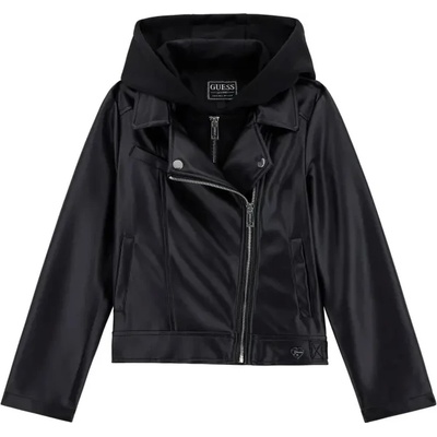 GUESS Кожено яке в черно за момиче с асиметричен цип и качулка Guess