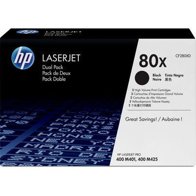 HP Комплект от 2 оригинални тонер касети с голям капацитет за LaserJet 80X, цвят черен (CF280XD)