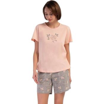 Дамска макси пижама в розово и сиво с роза