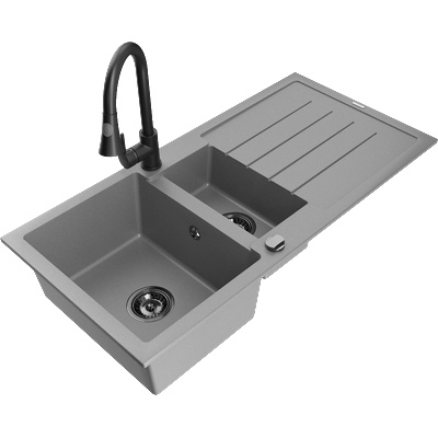 Mexen Andres гранитна мивка 1, 5-камерна с отцедник и кухненски смесител Elia, сив - 6515-71-670101-70-B (6515-71-670101-70-B)