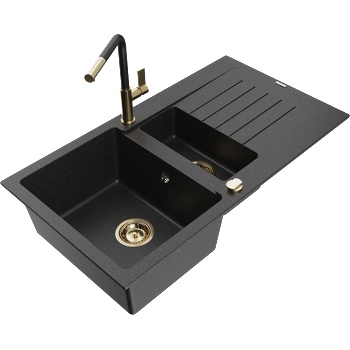 Mexen Matias гранитна мивка с 1, 5 камери с отцеждане и кухненски смесител Flora, черно/сребърно - 6502-73-670401-57-G (6502-73-670401-57-G)
