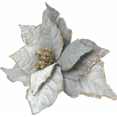 DOMMIO Poinsetie květ - zápich textilní, průměr 25 cm, 6 ks, třpytivá stříbrná