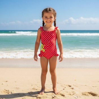 Цял детски бански в червен цвят на бели точки и калинка