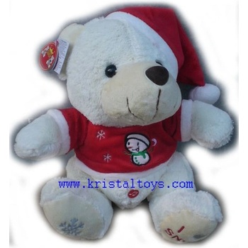 Детска плюшена играчка Мече с коледна шапка - екрю