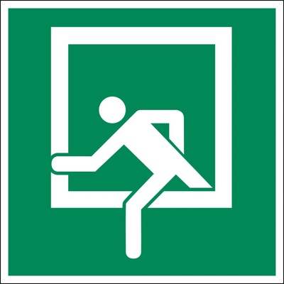 Značka Núdzový východ, DIN 4844, plast, fotolumiscenčná, 150 x 150 mm, BJ = 5 ks