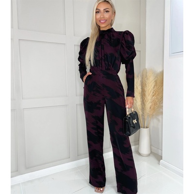 AX Paris Wine Printed High Neck Puff Sleeve Jumpsuit - Wine