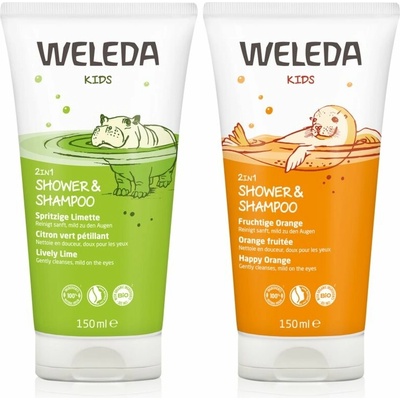 Weleda Kids veselá limetka sprchový krém a šampón pre deti 2 v 1 150 ml + Weleda Kids šťastný pomeranč sprchový krém a šampón pre deti 2 v 1 150 ml