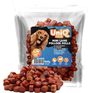 Uniq Pets Dog Snacks Sniffy Mini Lamb Pollock Rolls - мини лакомства за кучета с агнешко и сайда, 500 г
