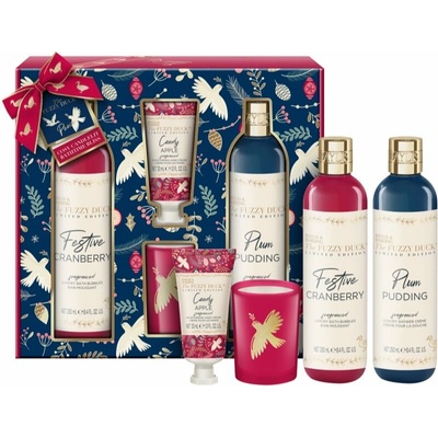 Baylis & Harding The Fuzzy Duck Cranberry pena do kúpeľa 250 ml + Plum Pudding sprchový krém 250 ml + Candy Apple krém na ruky 30 ml + Cranberry vonná sviečka 60 g