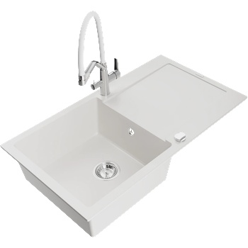 Mexen Leo еднокамерен гранитен мивка с отцедник и кухненски смесител Duo, бял - 6501-20-671701-02 (6501-20-671701-02)