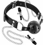 Fetish Tentation Топка за уста с отвори и щипки за гърди с верига Fetish Tentation