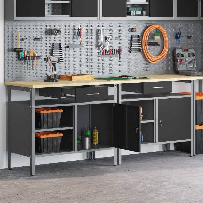 vidaXL Комплект работна маса с рафт 2 pcs Черен и Сив 200 x 55 x 85 см (3321388)
