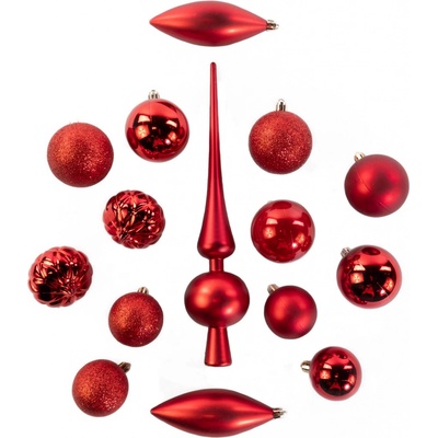 Home Styling Collection Sada ozdobných koulí různých tvarů s špičkou na vánoční stromek 19 ks barva červená
